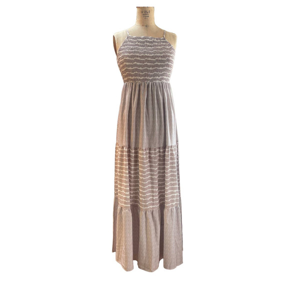 Womens Maxi Dress Brown Striped Tiered Skirt Smocked Sleeveless Pullover S - Picture 1 of 8